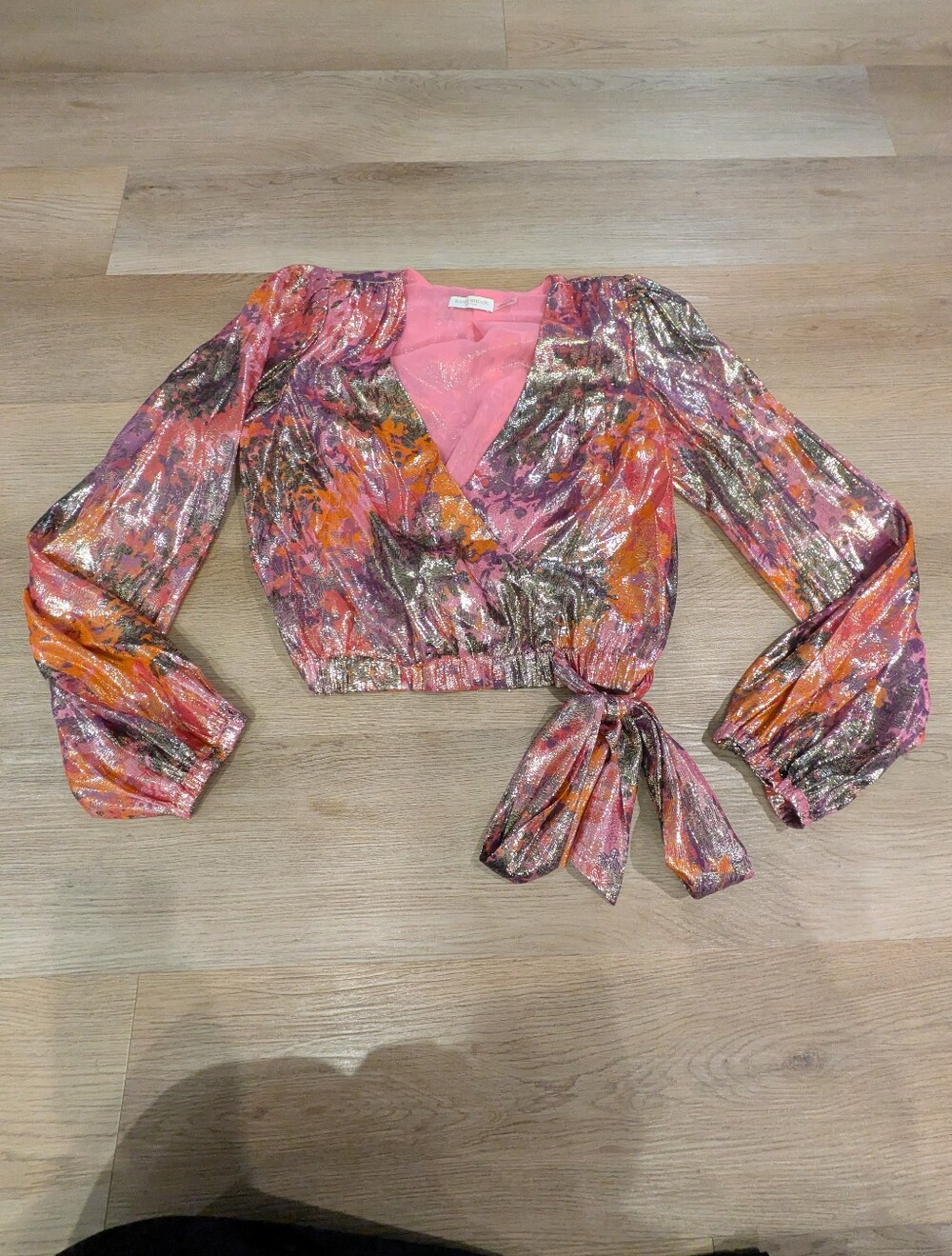 Ramy Brooks Pink Metallic Shiny Rap Blouse Size S